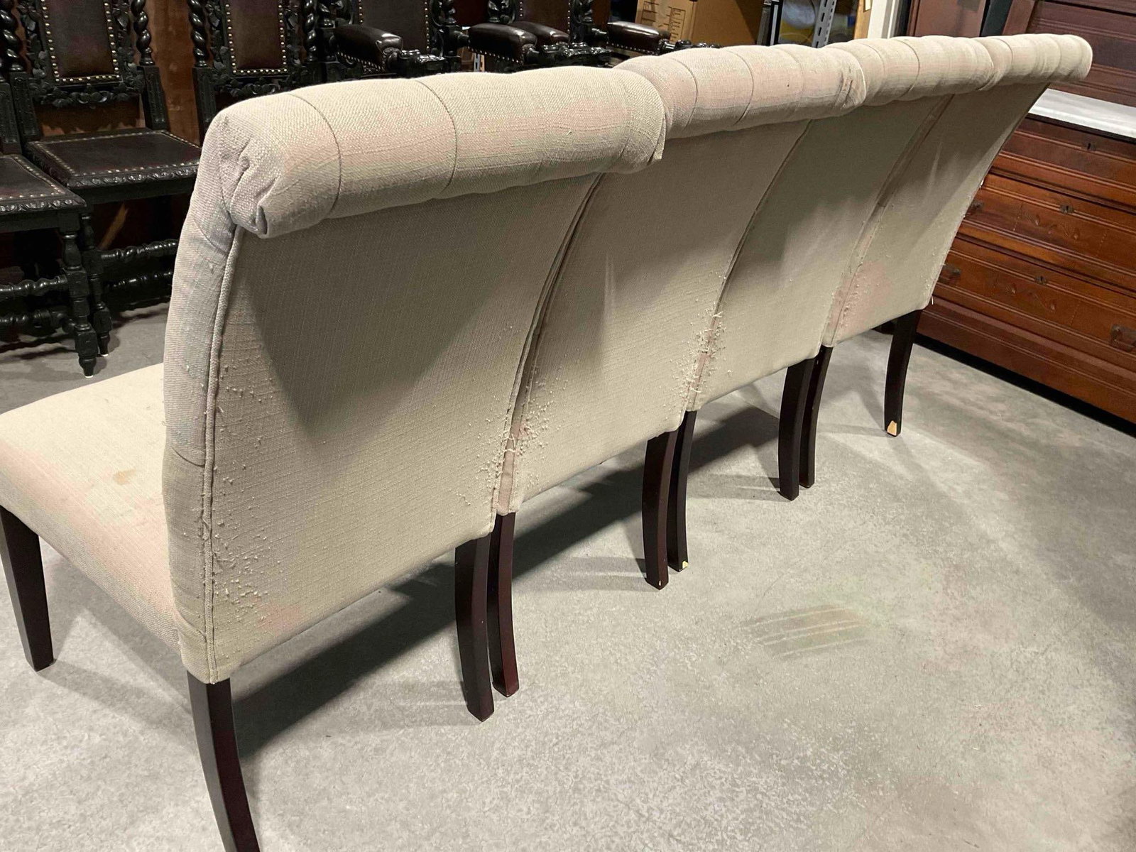 4 pcs World Market Tufted Beige Fabric Upholstered Dining Chairs. Fair Condition. See pics. - 4