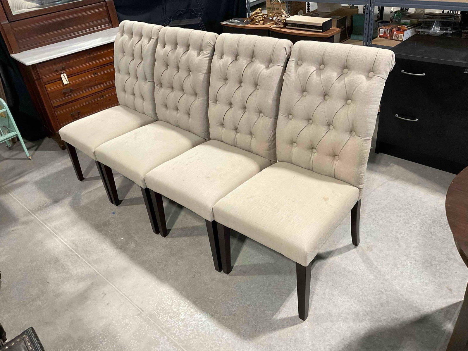 4 pcs World Market Tufted Beige Fabric Upholstered Dining Chairs. Fair Condition. See pics. - 7