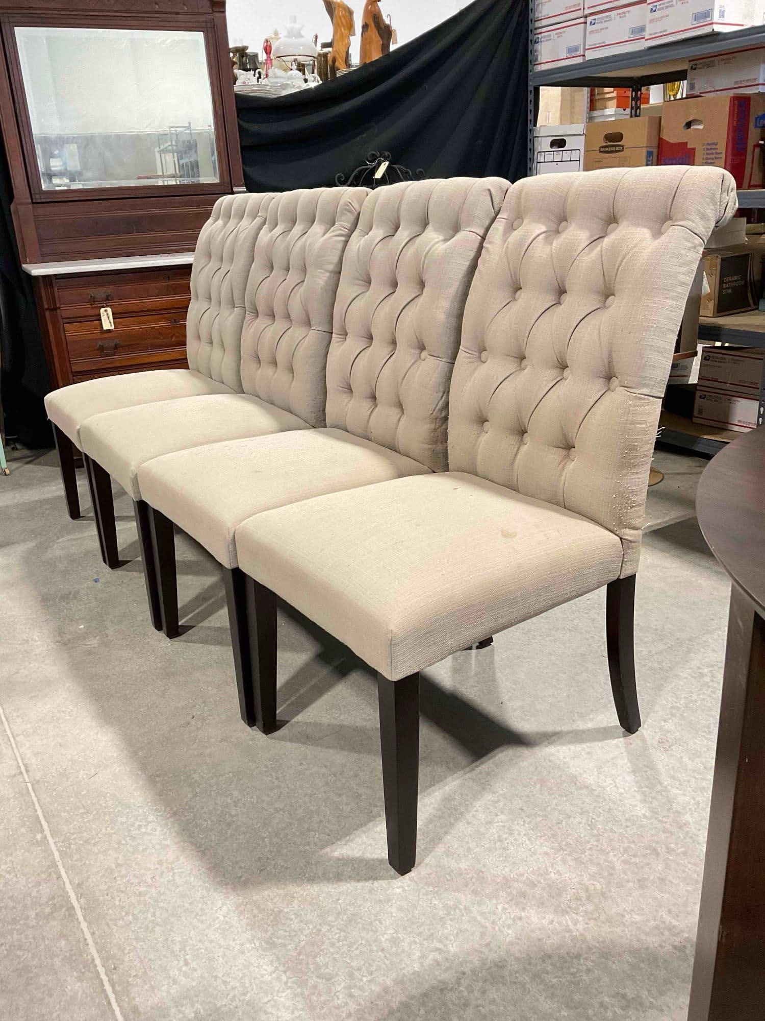 4 pcs World Market Tufted Beige Fabric Upholstered Dining Chairs. Fair Condition. See pics. - 8