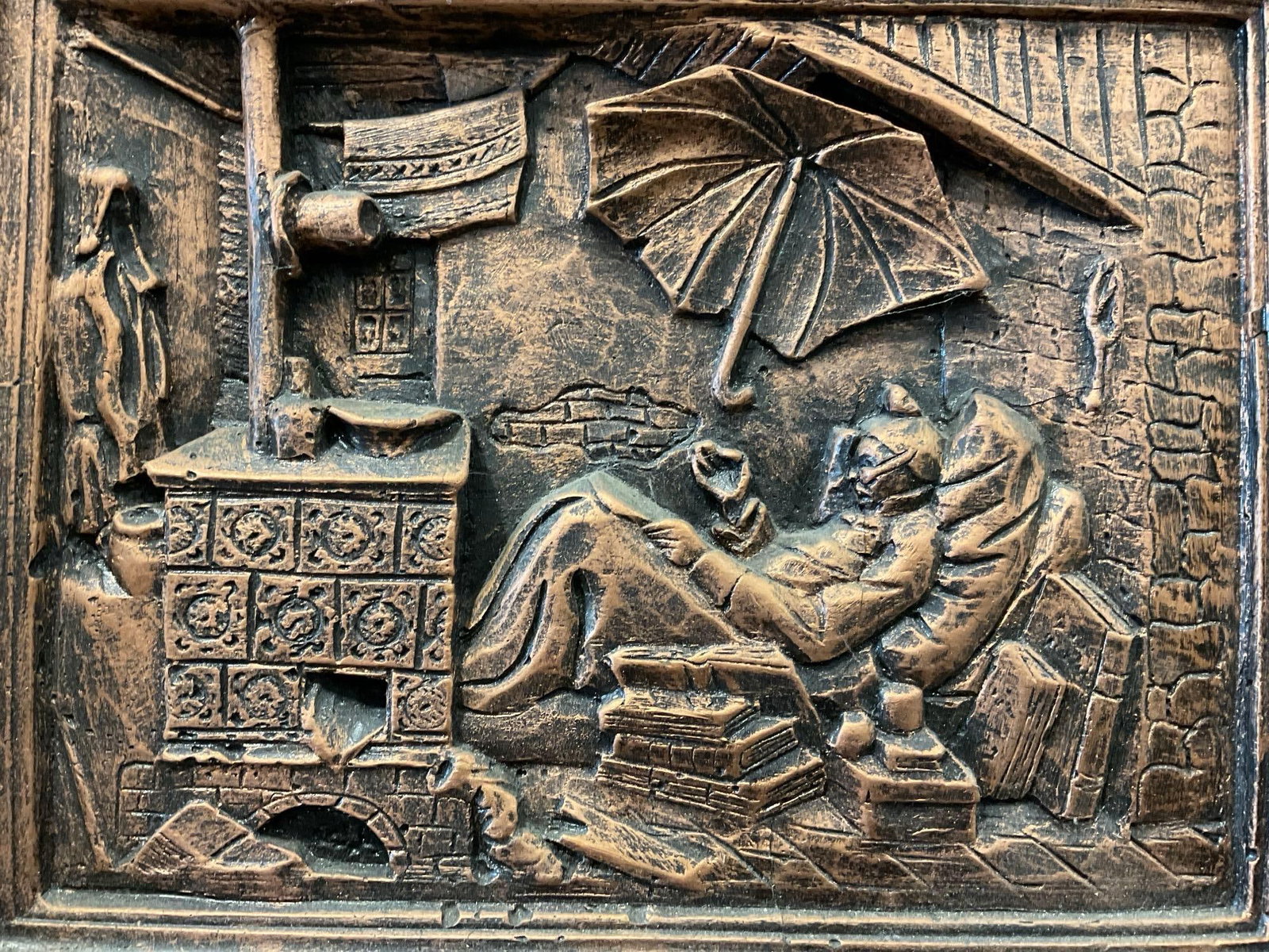 Vintage Wood Resin Relief Artwork, titled Der Arme Poet, 13x14 inches, Spitzweg style repro - 2