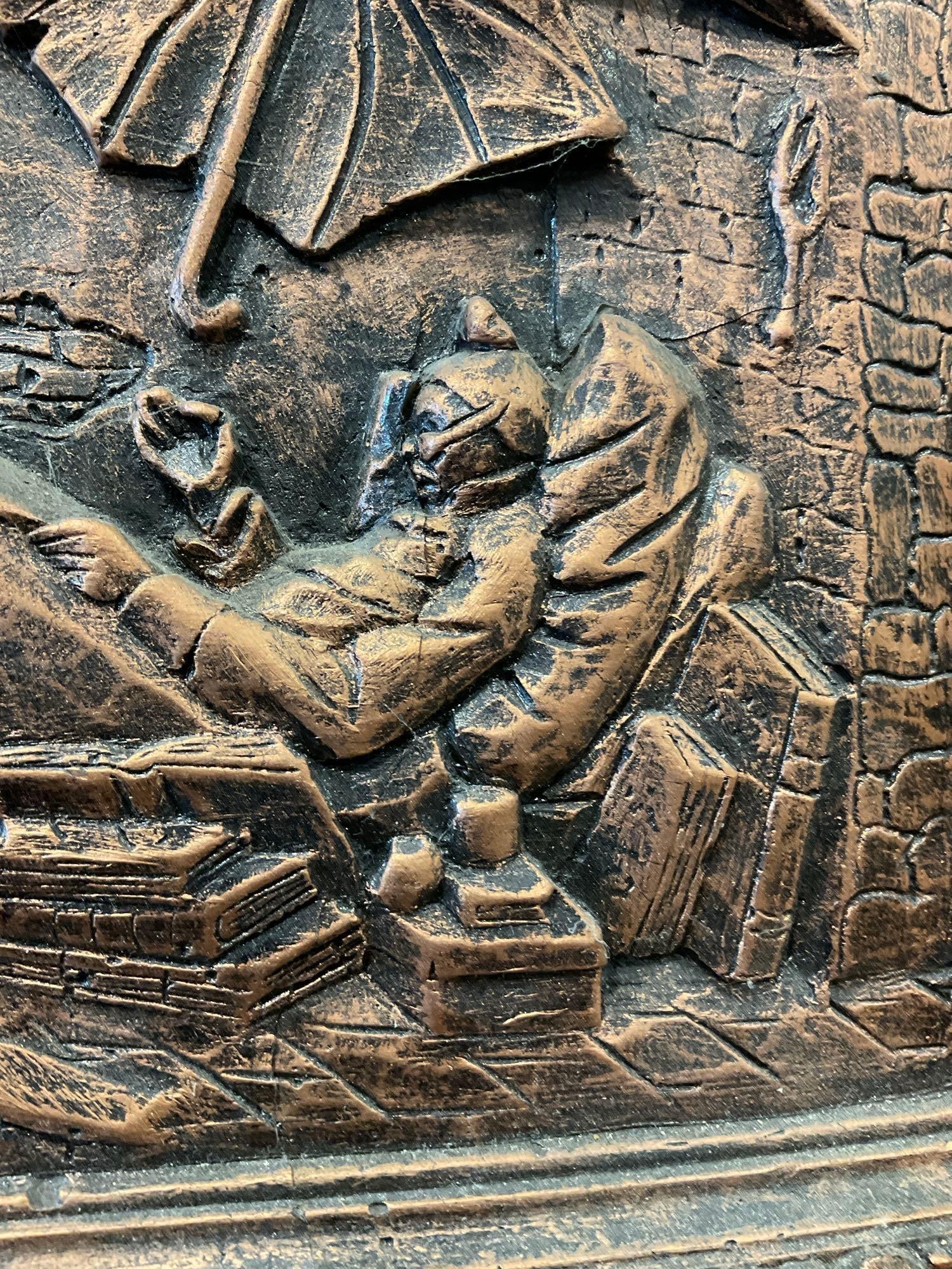 Vintage Wood Resin Relief Artwork, titled Der Arme Poet, 13x14 inches, Spitzweg style repro - 3