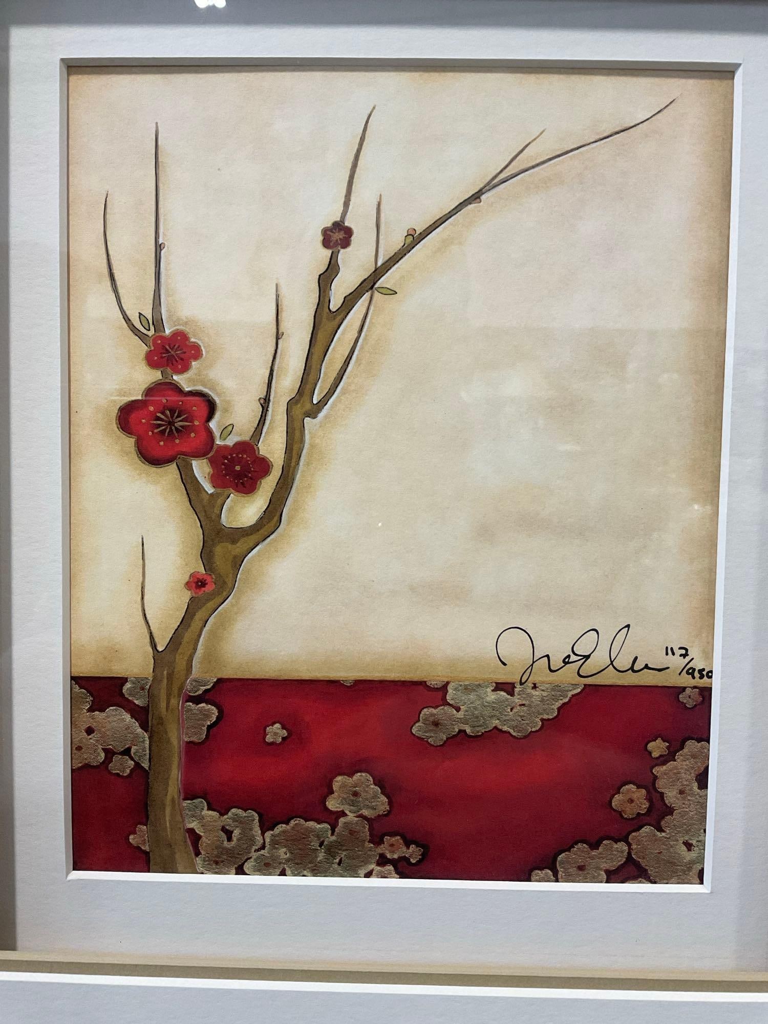 Framed Signed & #d 117/950 Lithograph, Red Plum Blossoms, 21x19 inches - 2