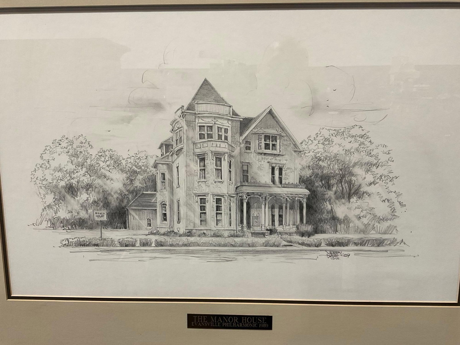 Framed Pencil Illustration Litho?, The Manor House of Evansville Philharmonic 1989, 28x37 inches - 2