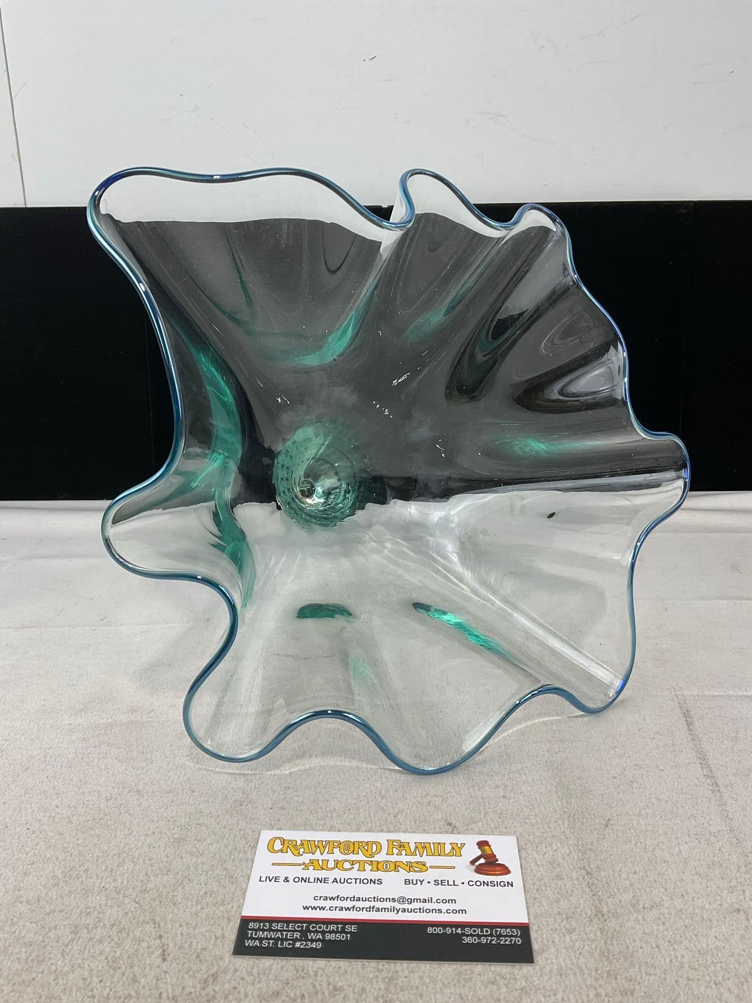Hand Blown Glass Frilled Edge Vase, Blue rim, Etched signatures: Looks like it is marked Jerry & Steph 2000, on the other side, C101. Appears to be in good shape. The piece measures approx 12h x 11w x 10d inches. See pics. E-6230