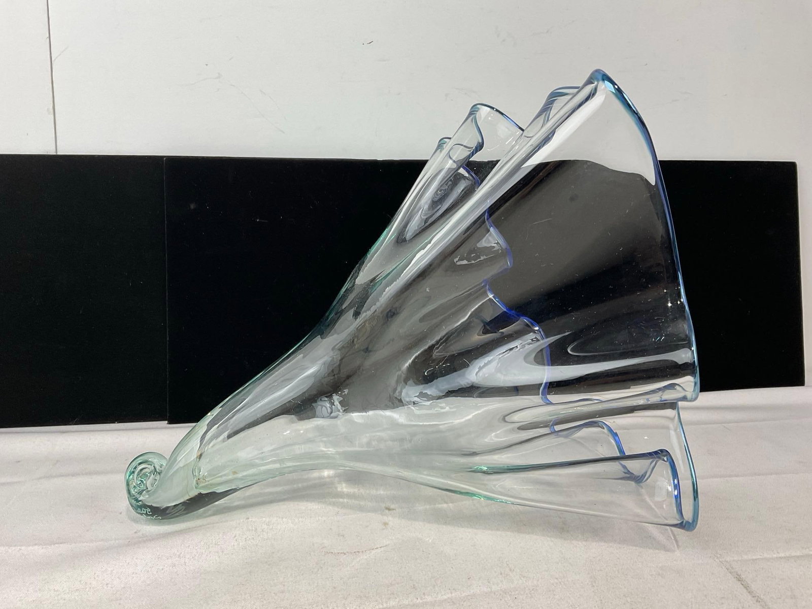 Hand Blown Glass Frilled Edge Vase, Blue rim, Etched signatures - 2