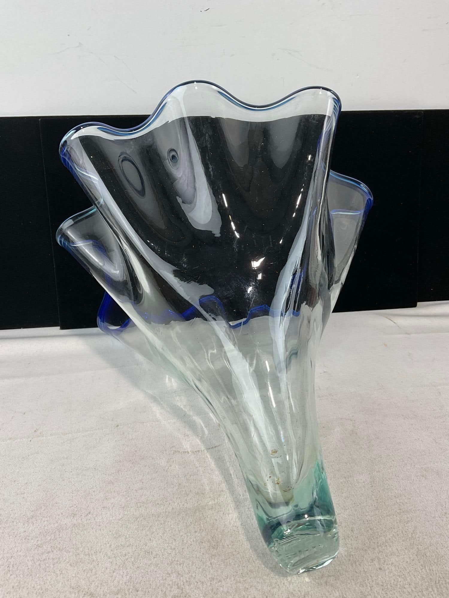 Hand Blown Glass Frilled Edge Vase, Blue rim, Etched signatures - 3