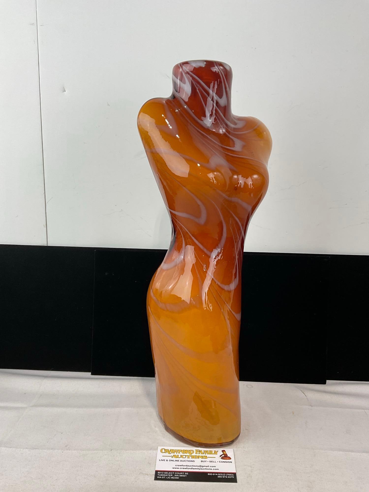 Murano style Amber & Milk Glass Fused Cased Vase, Nude Woman figure, 18x8x7 inches: Appears to be in good shape. The piece measures approx 18h x 8w x 7d inches. See pics. E-6230