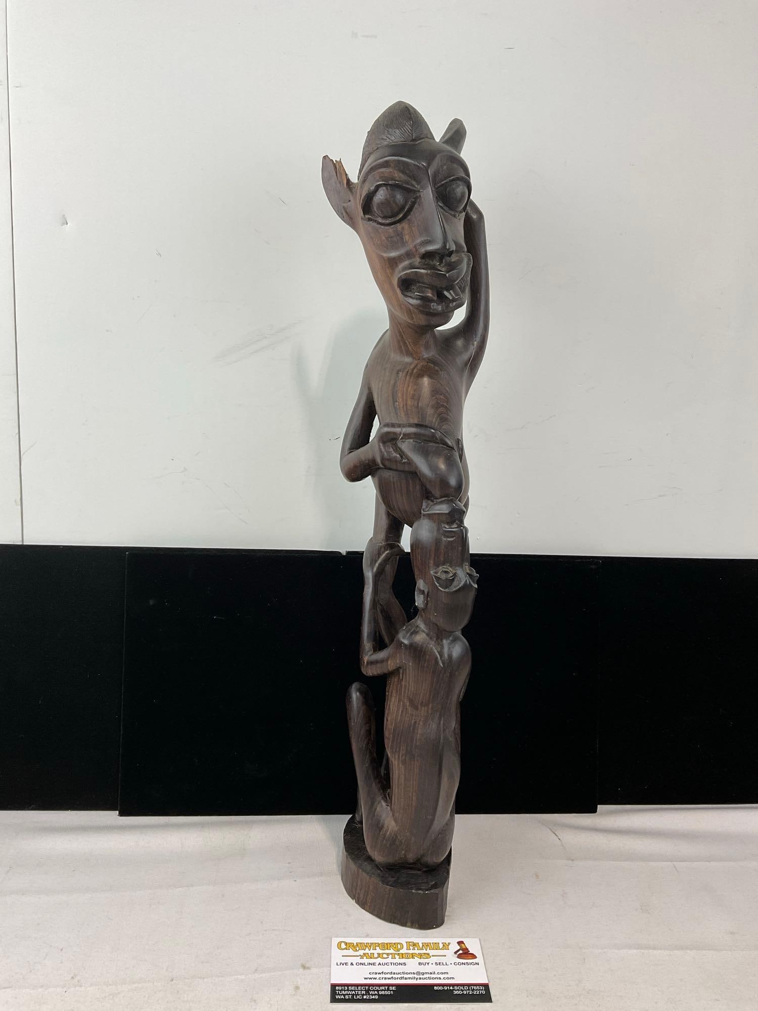 Makonde Shetani Figure, South Eastern African Hand Carved Dark Wood Sculpture, 20x6x5 inches: Appears to be in good shape. The piece measures approx 20h x 6w x 5d inches. See pics. E-6230