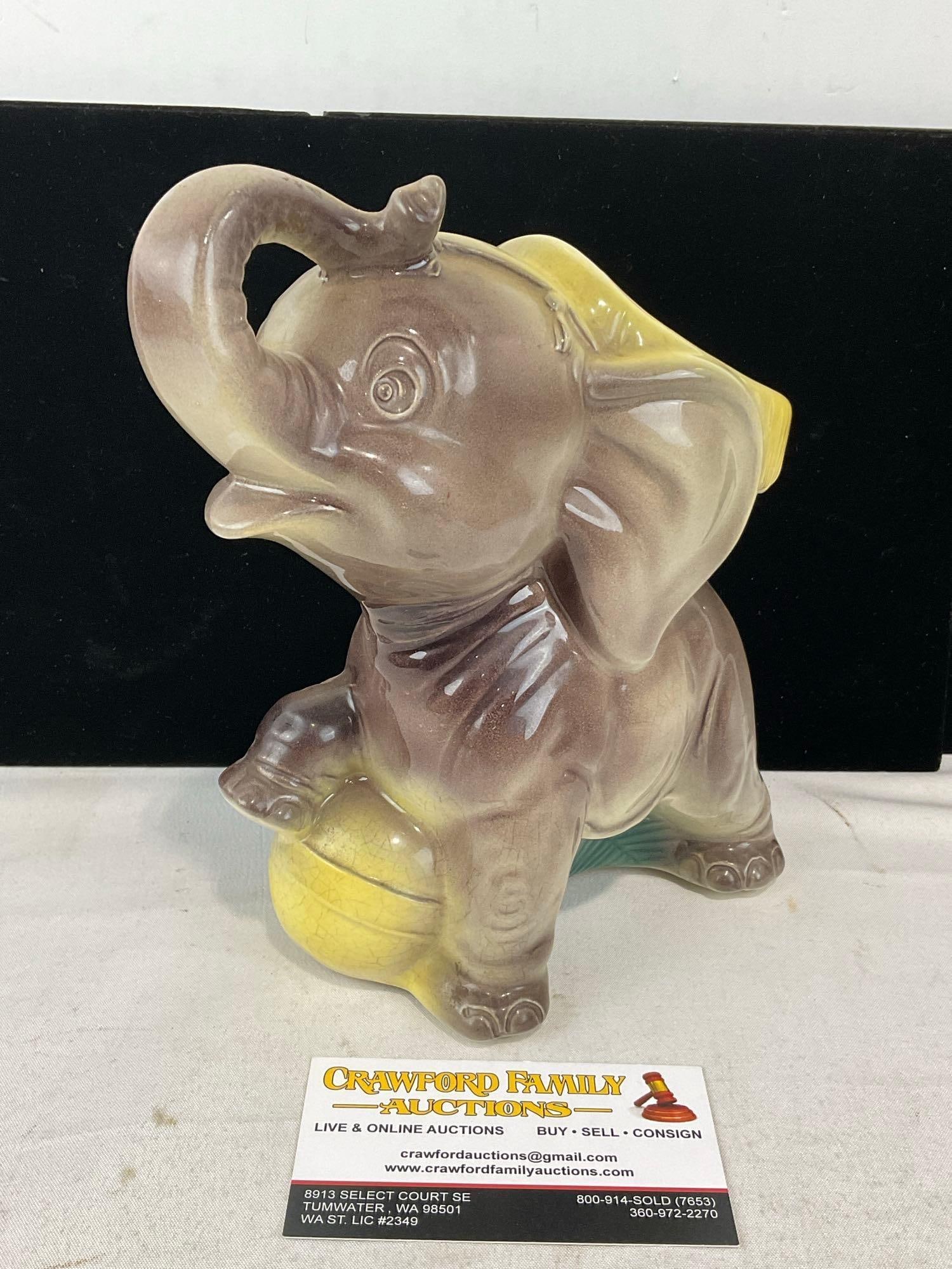 Mid Century Royal Copley Baby Elephant Circus Planter, 9x8x5 inches: Appears to be in good shape. The piece measures approx 9h x 8w x 5d inches. See pics. E-6230