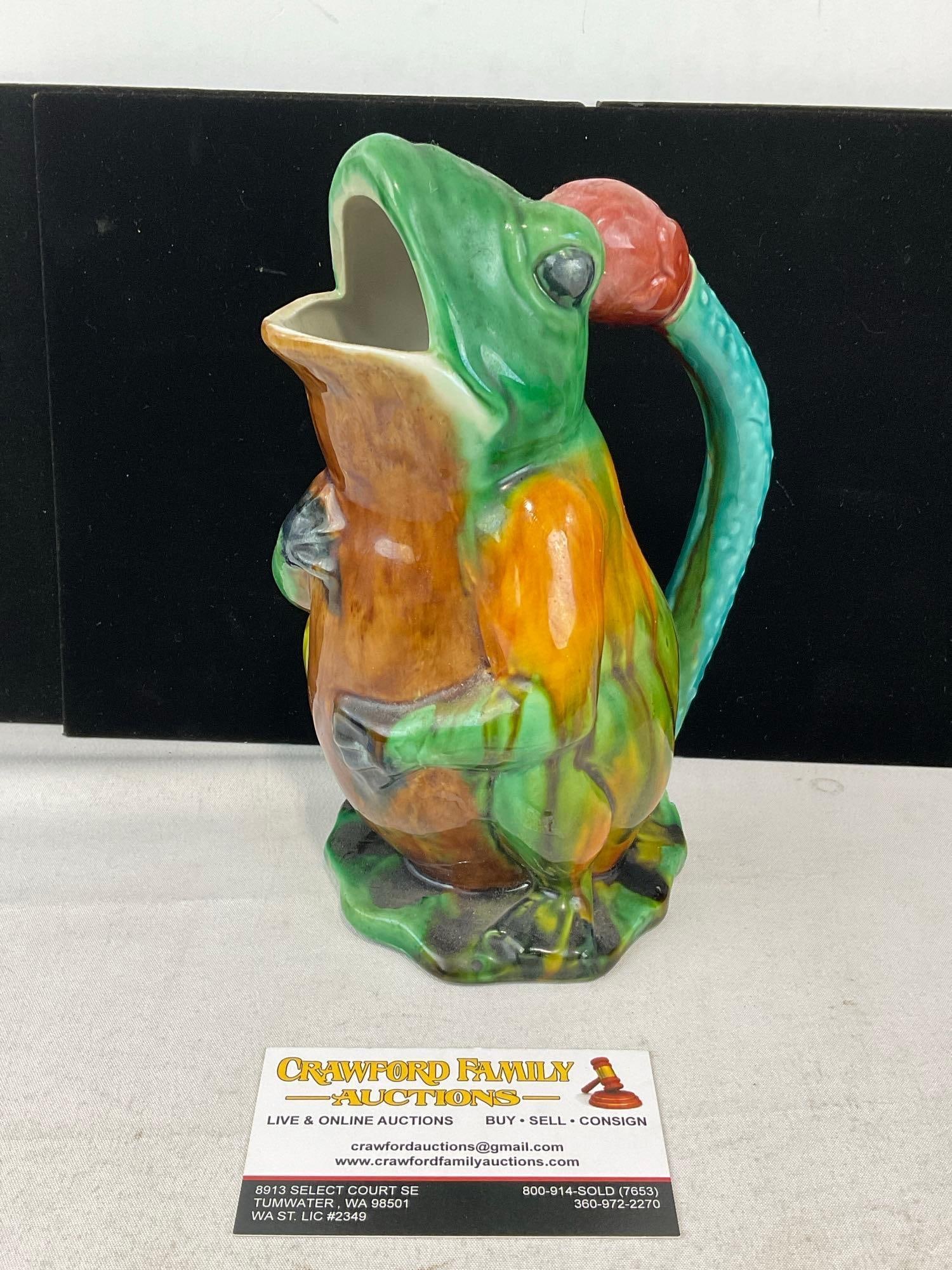 Vintage Majolica-Style Glazed Ceramic Frog Pitcher, 9x6x5 inches: Appears to be in good shape. The piece measures approx 9h x 6w x 5d inches. See pics. E-6230