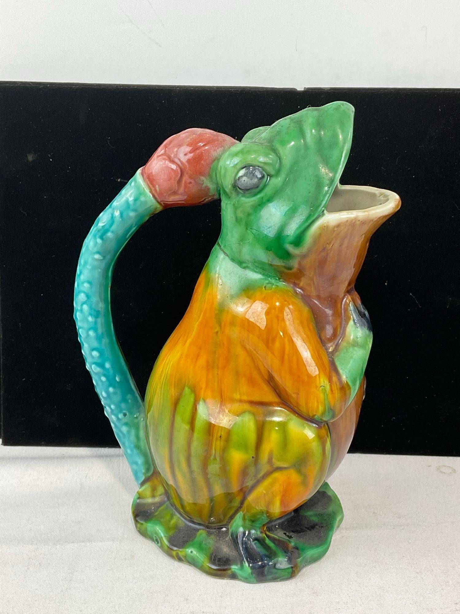 Vintage Majolica-Style Glazed Ceramic Frog Pitcher, 9x6x5 inches - 2