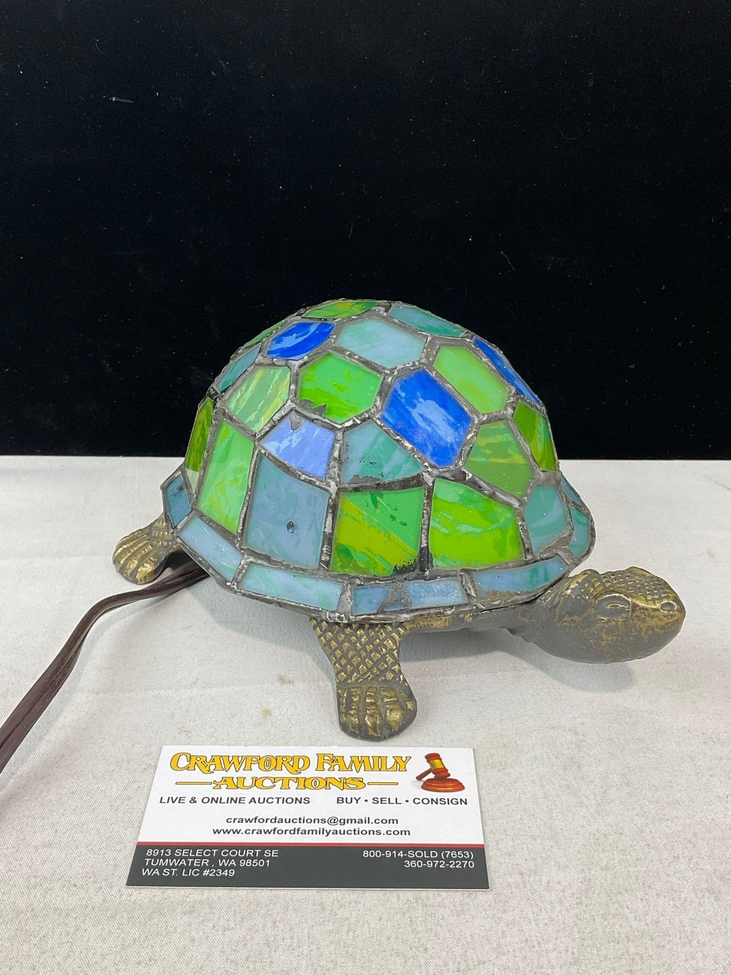 Tiffany Style Stained Glass Turtle Accent Lamp, Blue/Green Mosaic Shell, Brass tone metal, no bulb: Appears to be in good shape. The piece measures approx 5h x 10w x 7d inches. See pics. E-6230