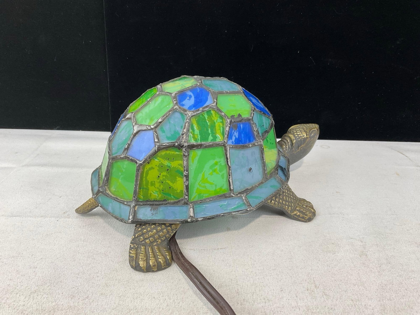 Tiffany Style Stained Glass Turtle Accent Lamp, Blue/Green Mosaic Shell, Brass tone metal, no bulb - 2