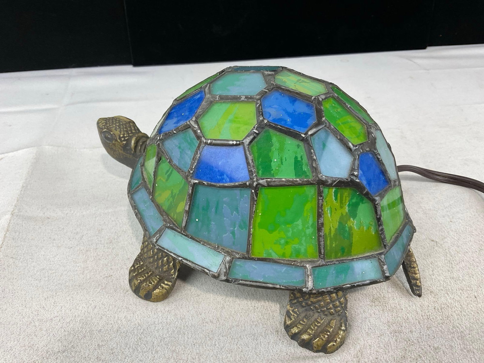 Tiffany Style Stained Glass Turtle Accent Lamp, Blue/Green Mosaic Shell, Brass tone metal, no bulb - 3