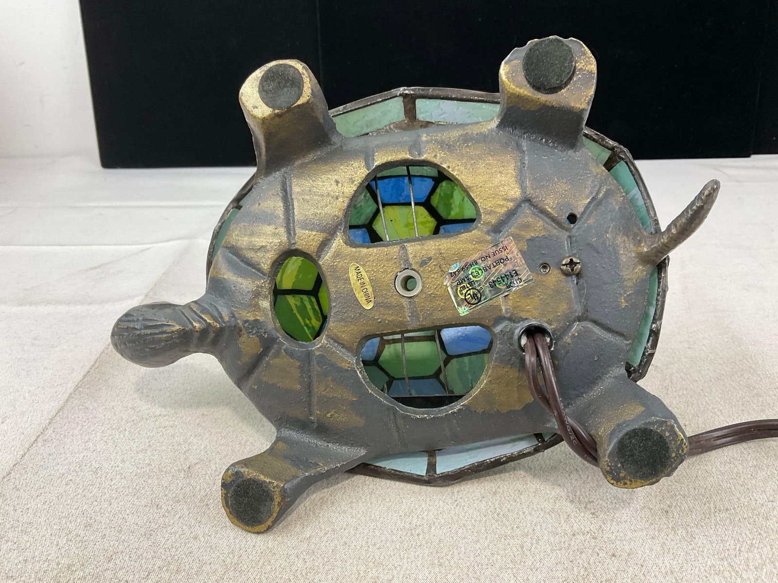 Tiffany Style Stained Glass Turtle Accent Lamp, Blue/Green Mosaic Shell, Brass tone metal, no bulb - 4