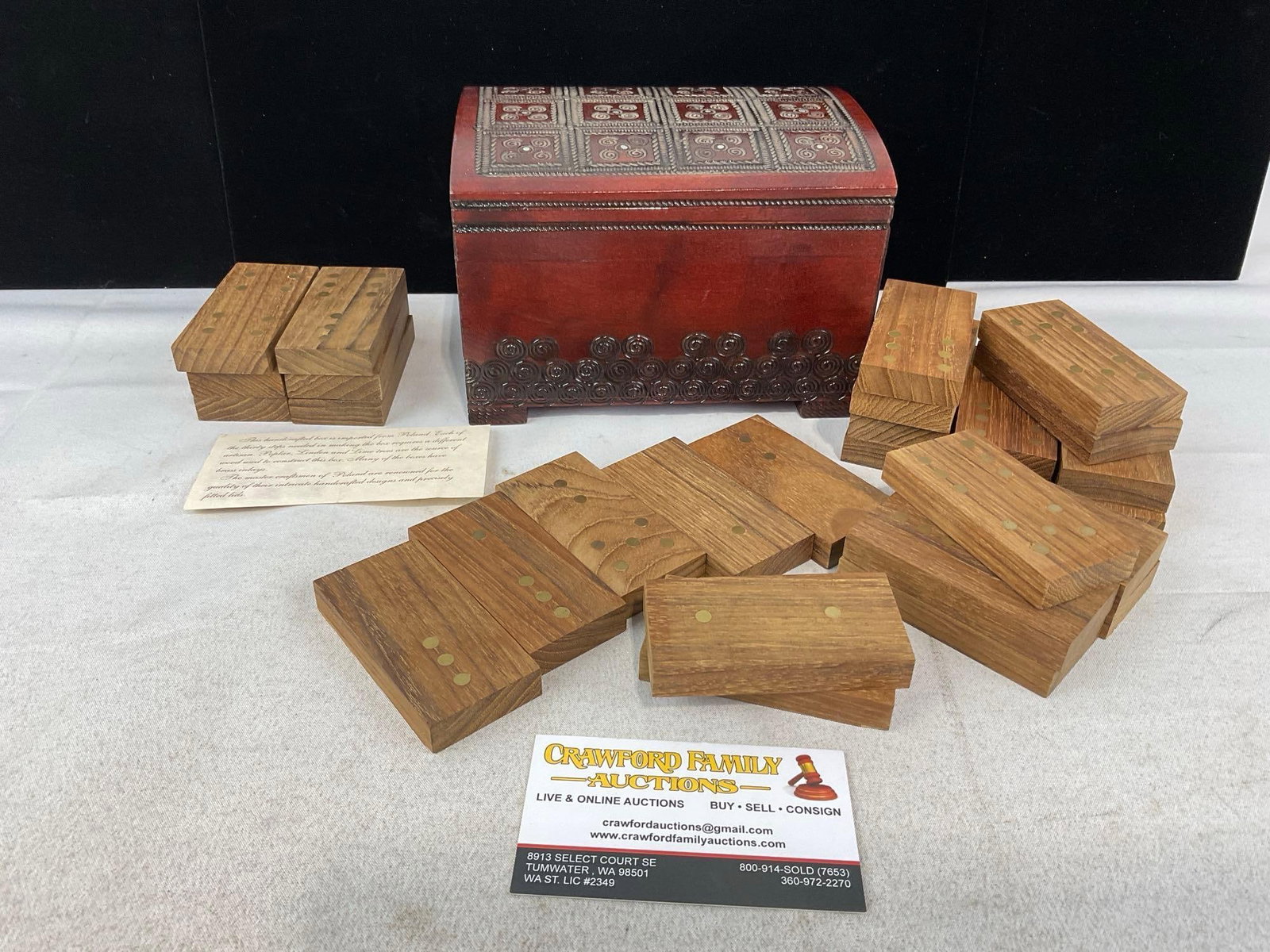 Polish Wooden Handmade Chest w/MOP inlay, Wooden Domino Set w/Brass pips, 6x8x6 inches: Appears to be in good shape. The piece measures approx 6h x 8w x 6d inches. See pics. E-6230