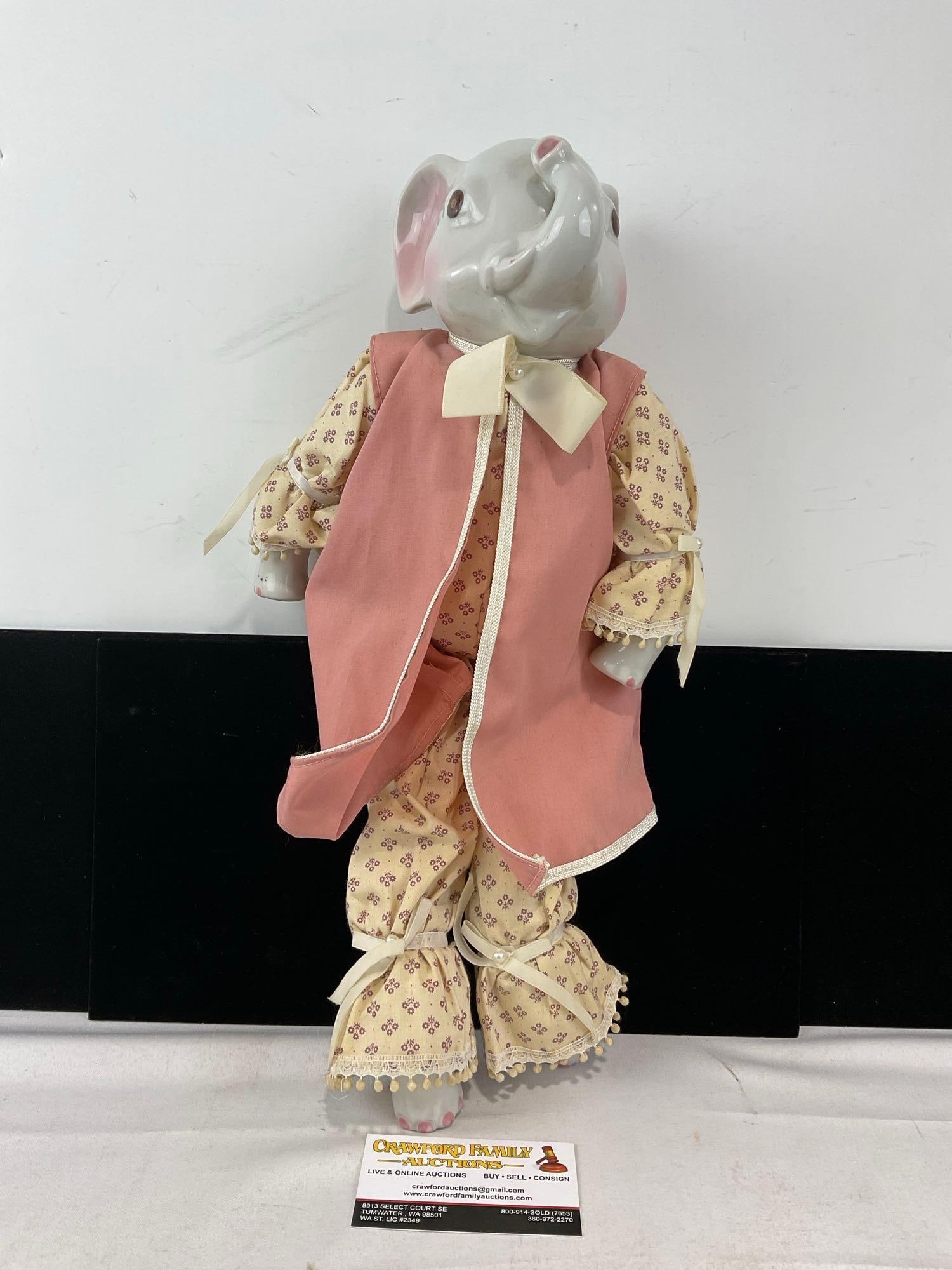Vintage Thai Handmade Elephant Doll, Pink Coat & Patterned Blouse, w/tassels on the fringe, 18 inch: Appears to be in good shape. The piece measures approx 18h x 9w x 7d inches. See pics. E-6230