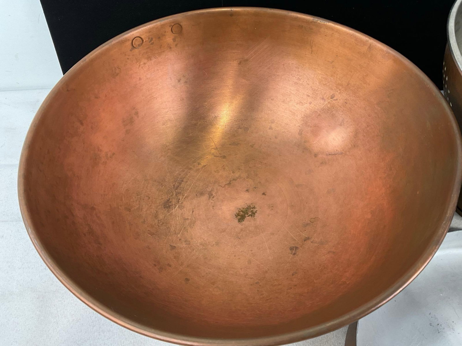 Vintage Large Copper Mixing Bowl, Large Colander, & Casserole Dish w/Brass Handles - 2