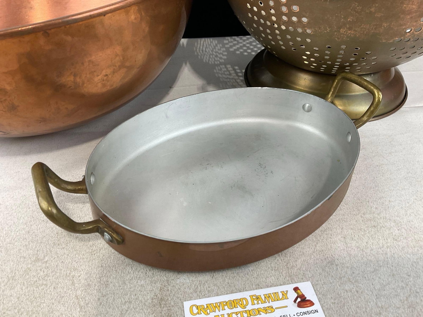Vintage Large Copper Mixing Bowl, Large Colander, & Casserole Dish w/Brass Handles - 3