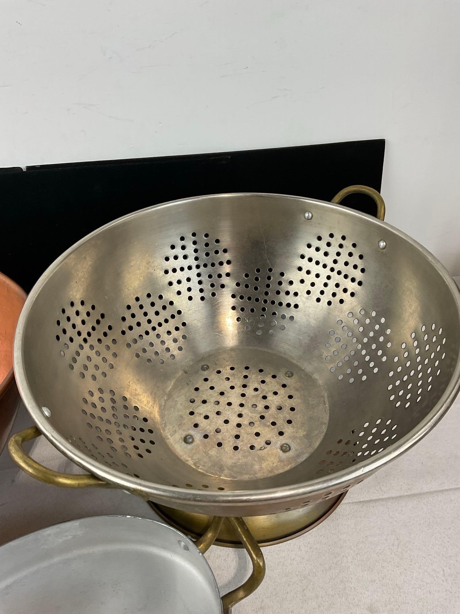 Vintage Large Copper Mixing Bowl, Large Colander, & Casserole Dish w/Brass Handles - 4