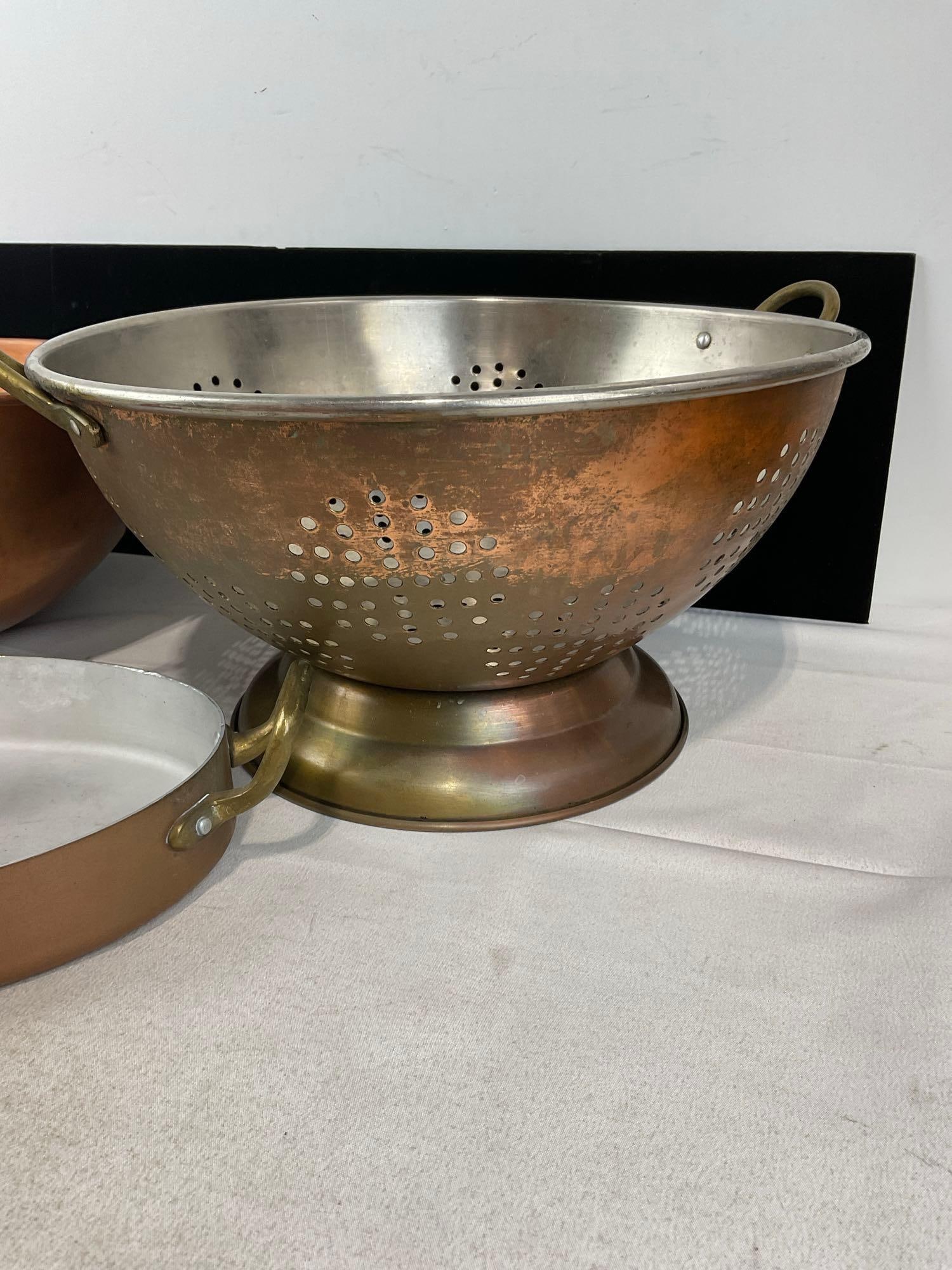 Vintage Large Copper Mixing Bowl, Large Colander, & Casserole Dish w/Brass Handles - 5