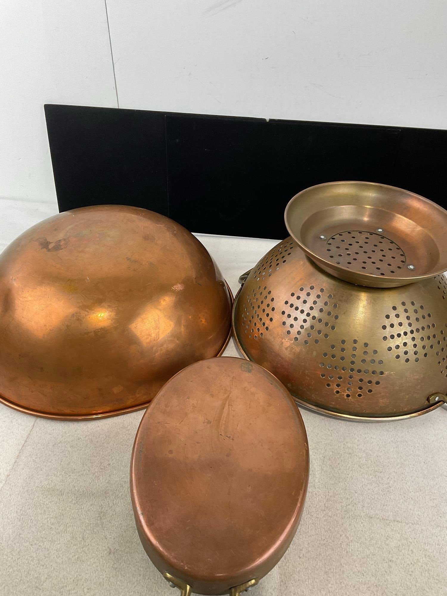 Vintage Large Copper Mixing Bowl, Large Colander, & Casserole Dish w/Brass Handles - 6