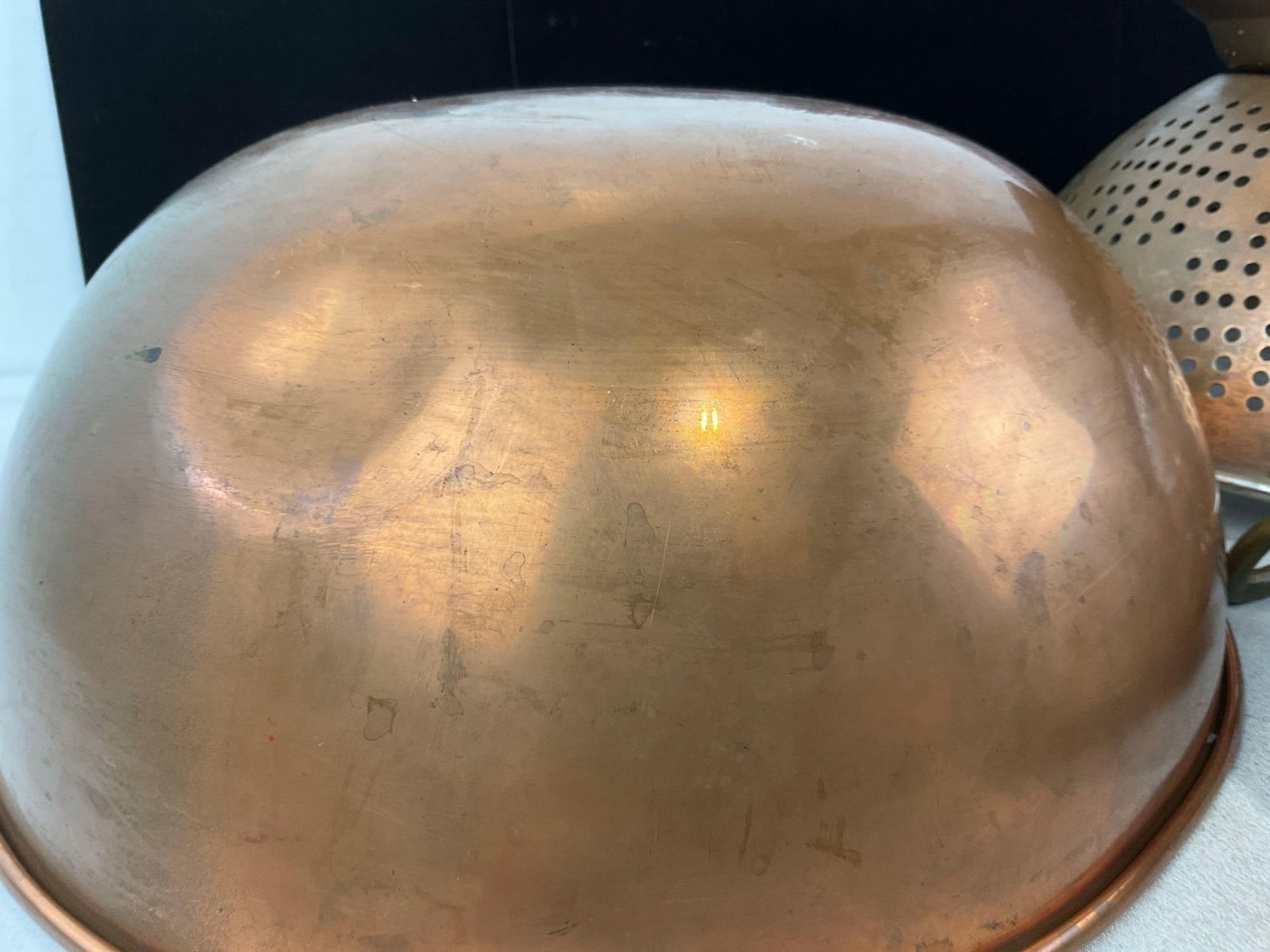 Vintage Large Copper Mixing Bowl, Large Colander, & Casserole Dish w/Brass Handles - 7
