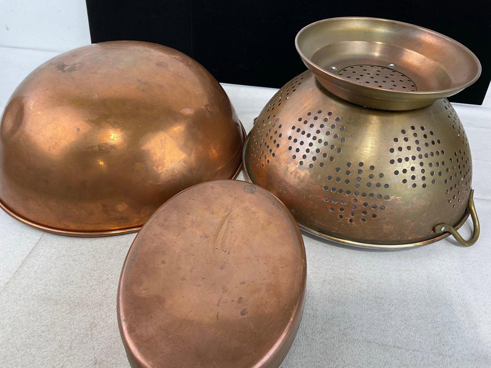Vintage Large Copper Mixing Bowl, Large Colander, & Casserole Dish w/Brass Handles - 8