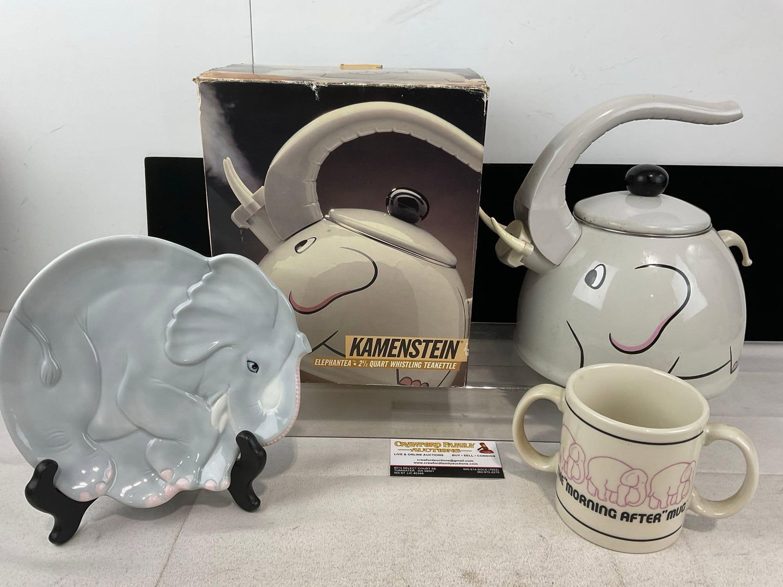 Elephant Plate, Mug w/two Handles, & Kamenstein Tea pot w/box, some wear on box: Appears to be in good shape. The piece measures approx 15h x 9w x 9d inches. See pics. E-6230