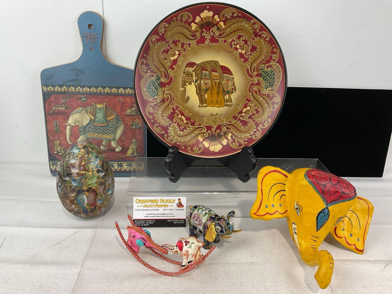 Elephant Themed Plate, Cheese Board, Mini Figures, Paper Mache Jewelry Box, & Cloisonne Egg w/Birds: Appears to be in good shape. The piece measures approx 11h x 17w x 12d inches. See pics. E-6230