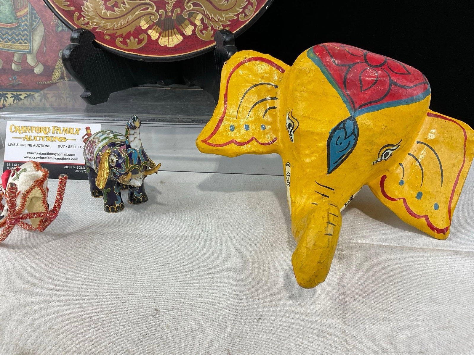 Elephant Themed Plate, Cheese Board, Mini Figures, Paper Mache Jewelry Box, & Cloisonne Egg w/Birds - 2