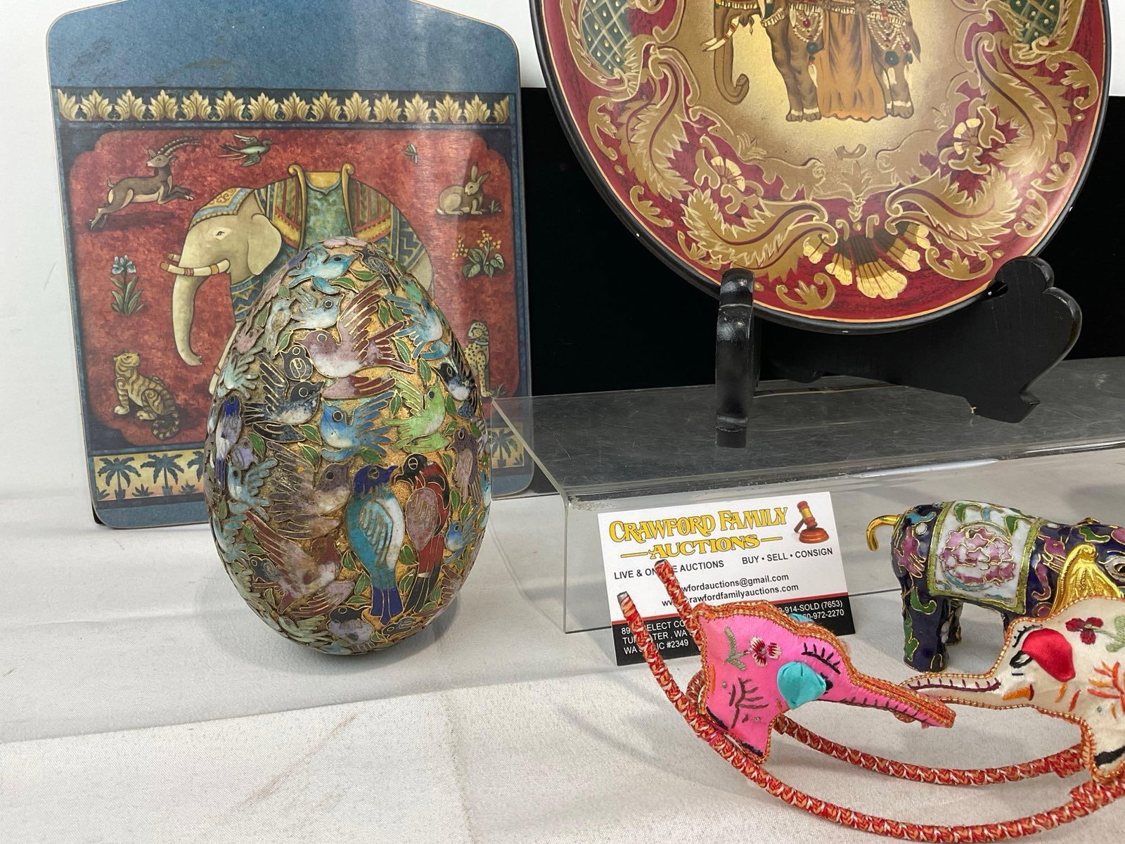 Elephant Themed Plate, Cheese Board, Mini Figures, Paper Mache Jewelry Box, & Cloisonne Egg w/Birds - 3
