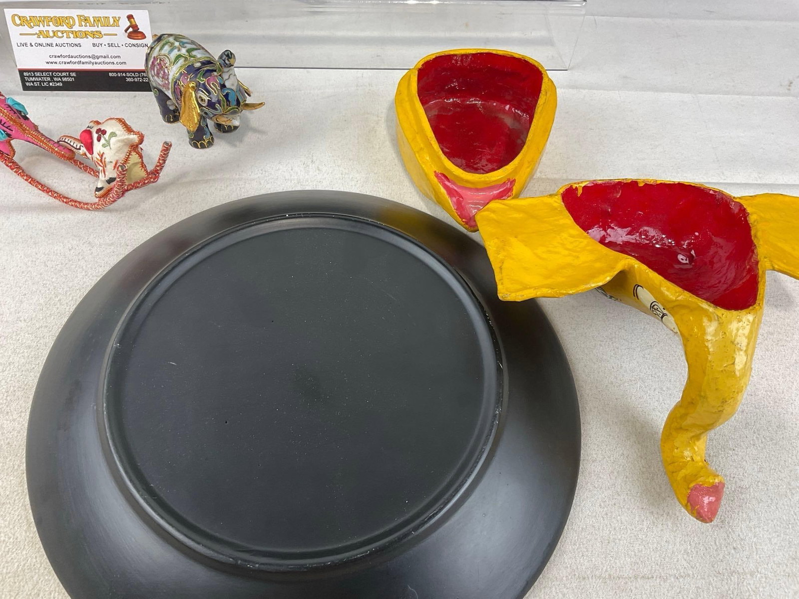 Elephant Themed Plate, Cheese Board, Mini Figures, Paper Mache Jewelry Box, & Cloisonne Egg w/Birds - 4