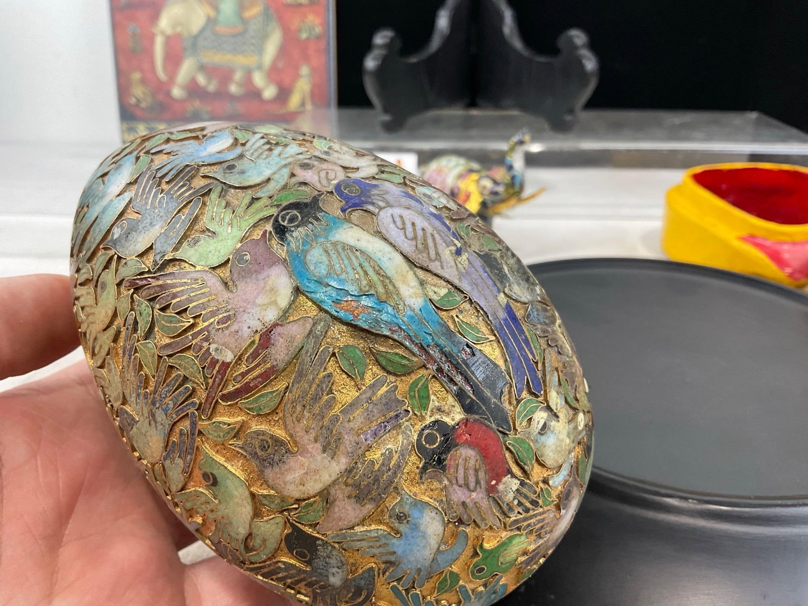 Elephant Themed Plate, Cheese Board, Mini Figures, Paper Mache Jewelry Box, & Cloisonne Egg w/Birds - 5