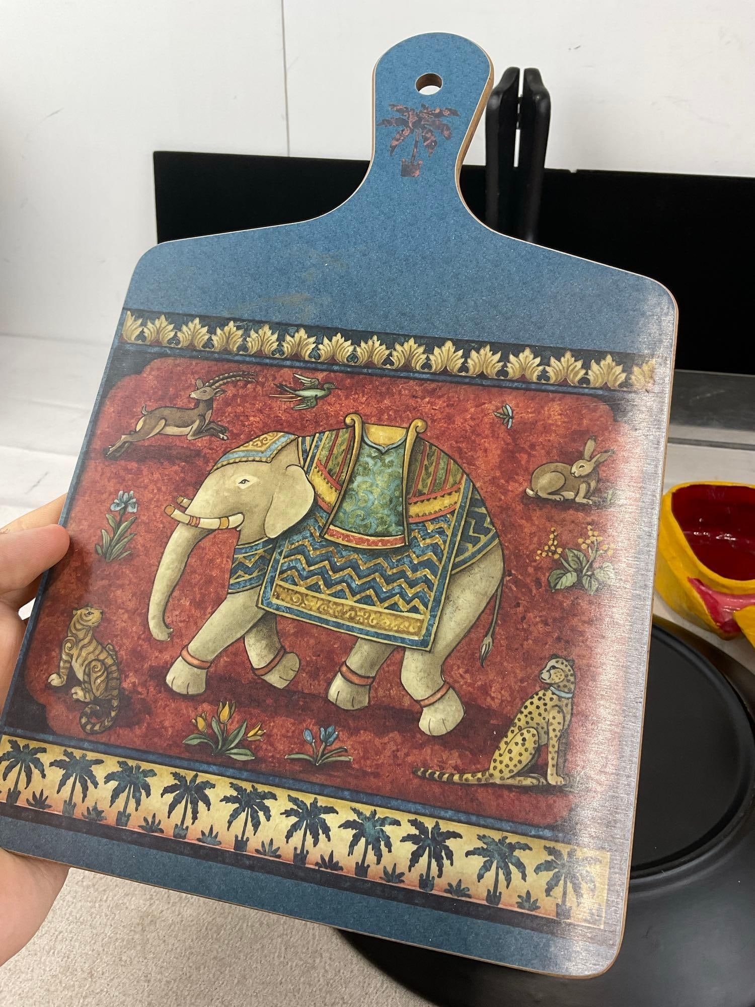 Elephant Themed Plate, Cheese Board, Mini Figures, Paper Mache Jewelry Box, & Cloisonne Egg w/Birds - 6