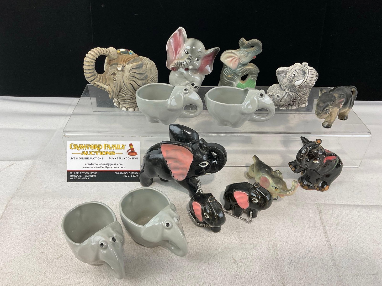 Resin Composite & Handpainted Ceramic Elephant Pieces, 4 Small Mugs, Mama & 2 Kids, & More: Appears to be in good shape. The piece measures approx 3h x 14w x 10d inches. See pics. E-6230
