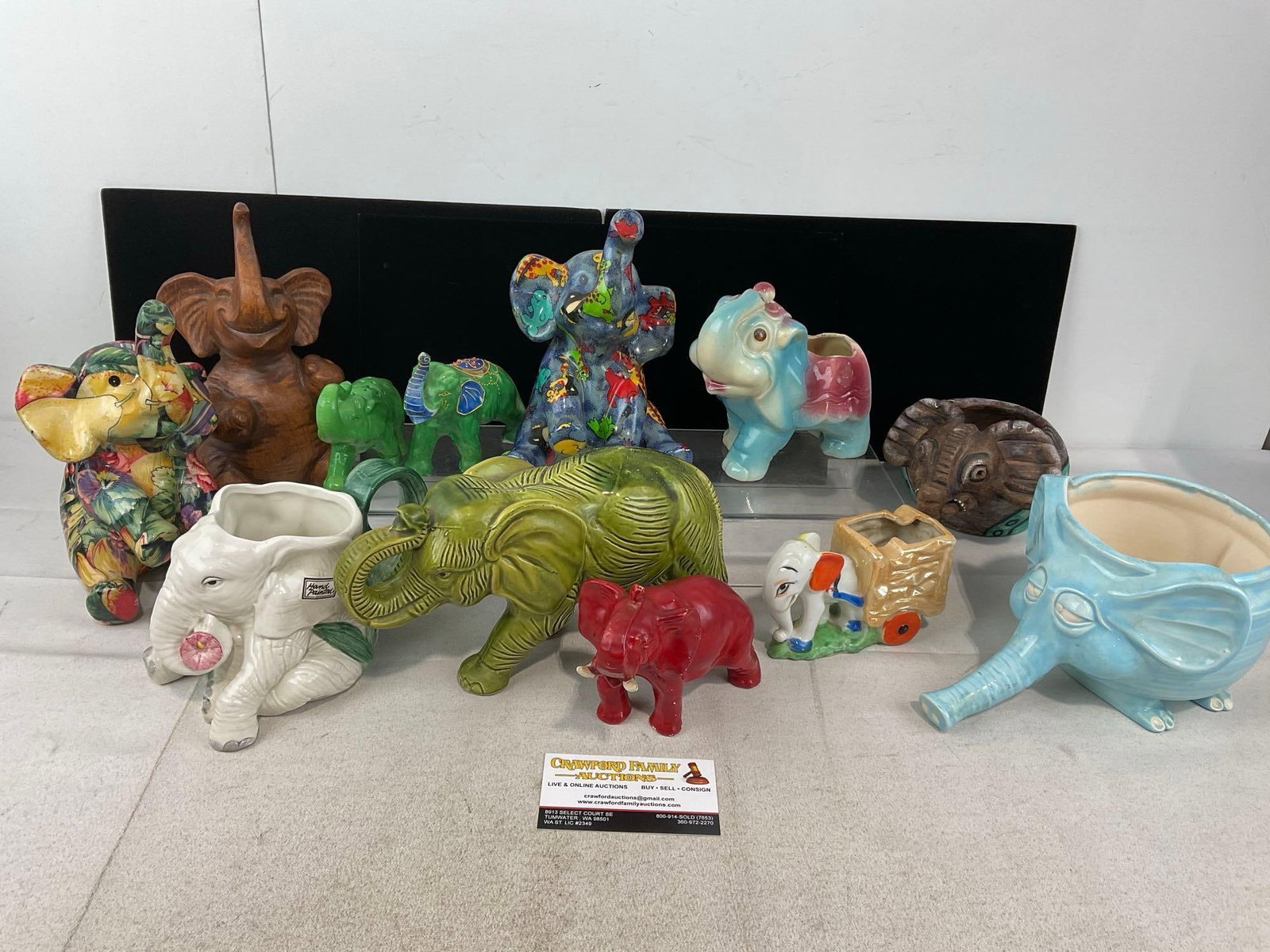 12 Handpainted/Glazed Elephant Pieces, Ceramic Planters, Fitz & Floyd Teapot & more: Appears to be in good shape. The piece measures approx 12h x 17w x 12d inches. See pics. E-6230