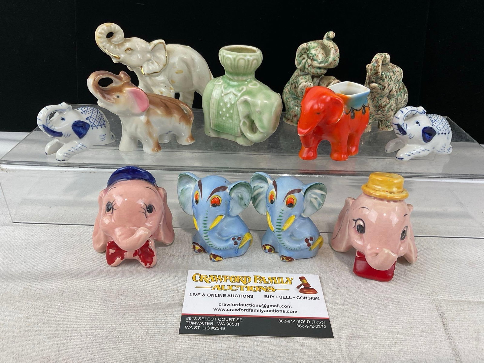12 Hand Painted/Glazed Ceramic & Porcelain Elephant Pieces, Japan, Thai, Taiwan & more: Appears to be in good shape. The piece measures approx 4h x 13w x 10d inches. See pics. E-6230