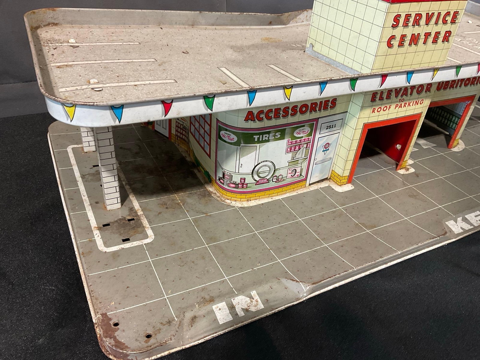 Vintage 1950s Louis Marx & Co Day & Nite Service Center Tin Litho Diorama, 12x27x16 inches - 2