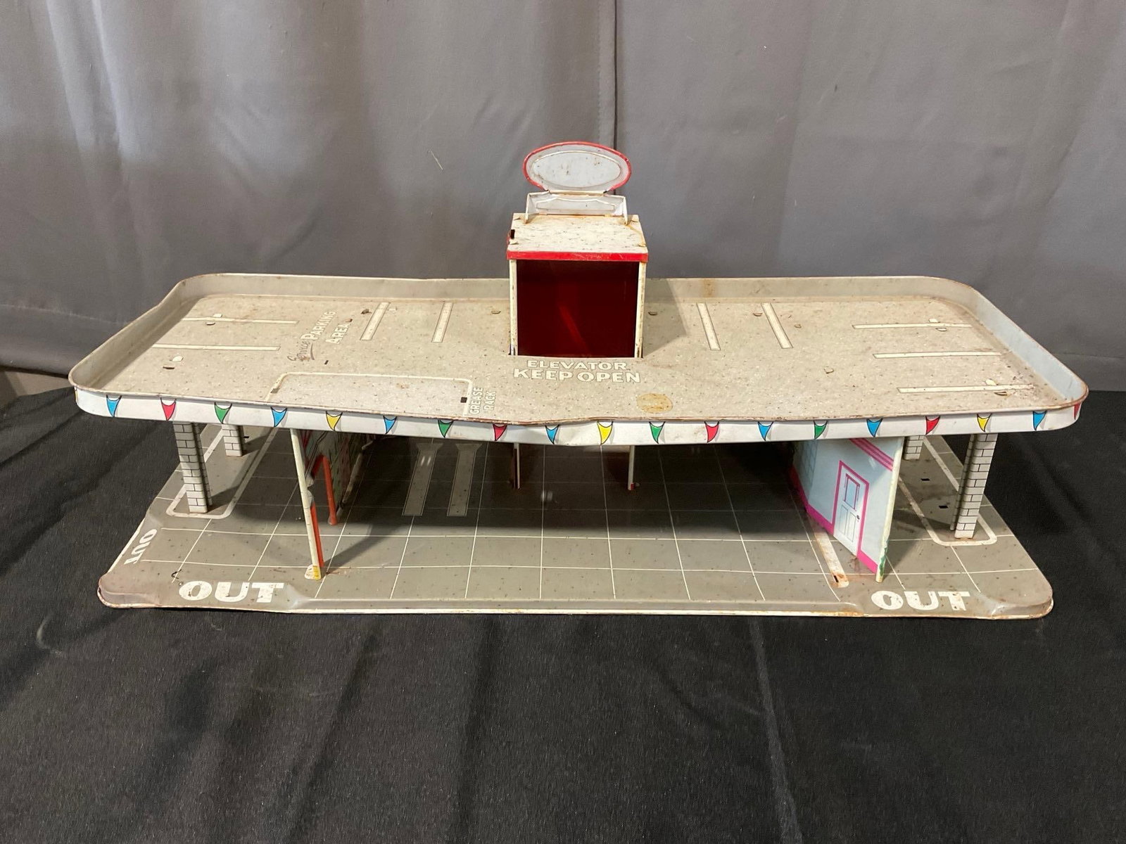 Vintage 1950s Louis Marx & Co Day & Nite Service Center Tin Litho Diorama, 12x27x16 inches - 4