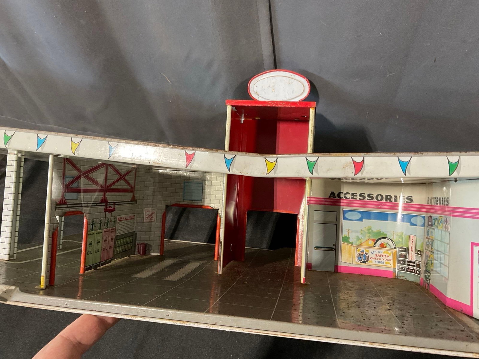 Vintage 1950s Louis Marx & Co Day & Nite Service Center Tin Litho Diorama, 12x27x16 inches - 5