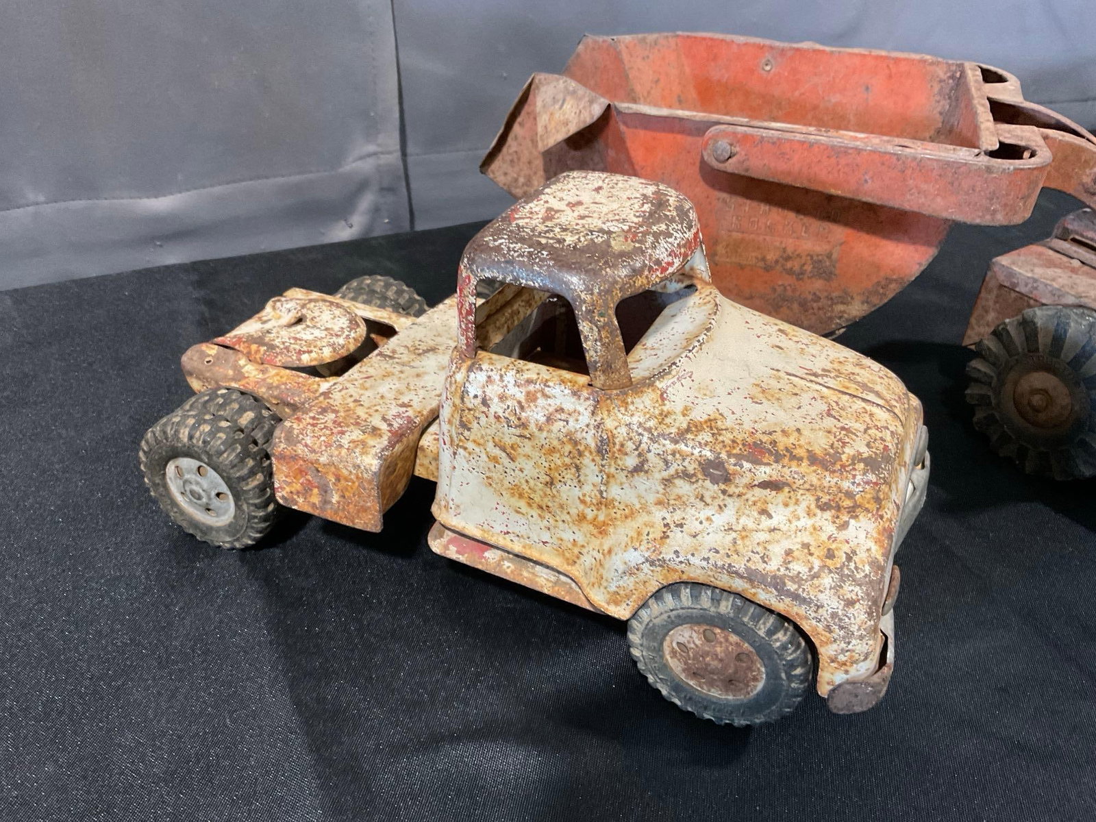 Vintage Pressed Metal Semi Truck Cab & Structo? Articulated Dump Rocker Toy, oxidized finish - 2