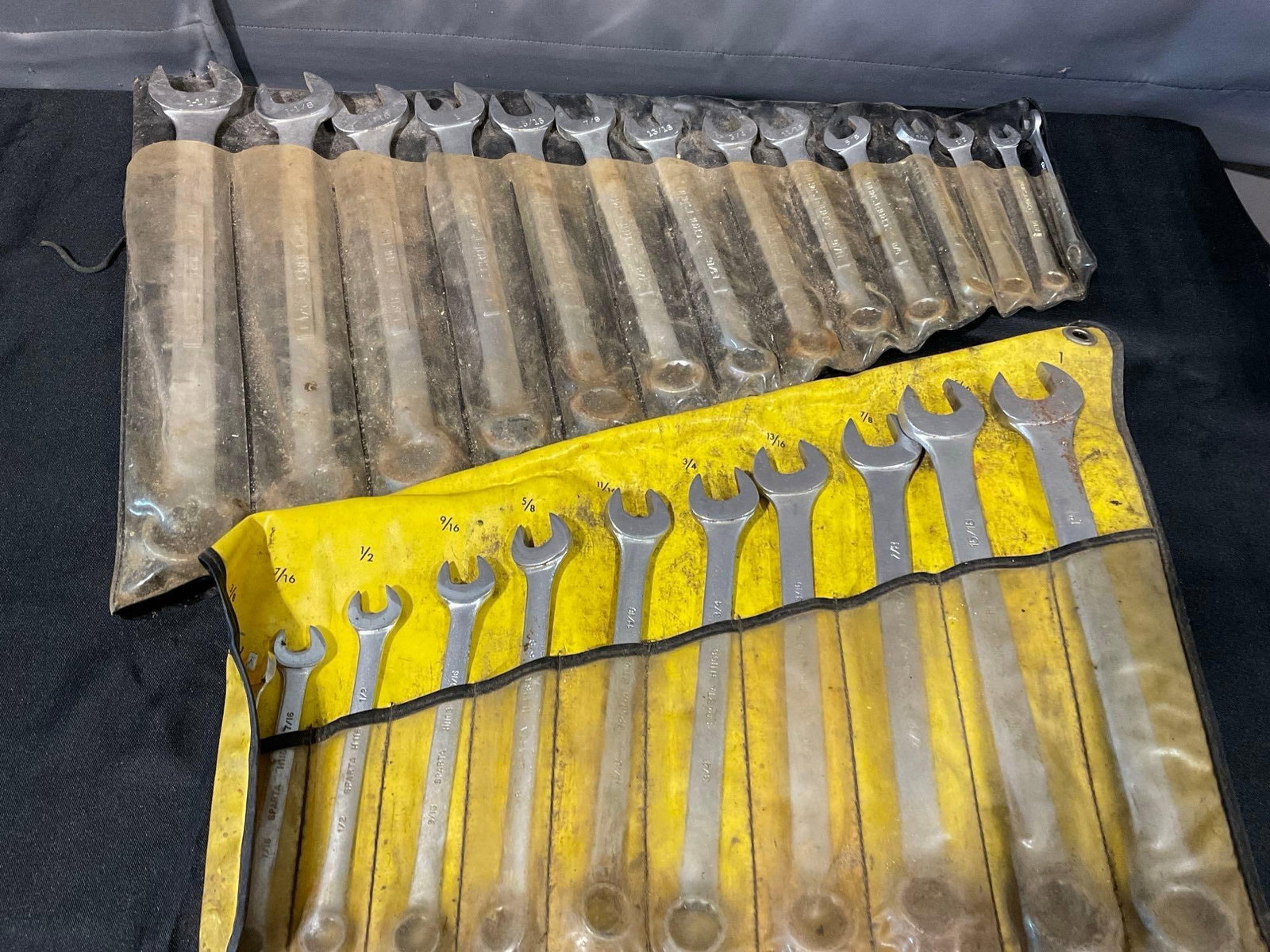 Pair of Roll Up Wrench Sets, Imperial sizes, Sparta 3/8-1 inch & Craftsman 7/16-1 1/4 inch: Appears to be in fair to good shape. The piece measures approx 18h x 8w x 5d inches. See pics. E-6300