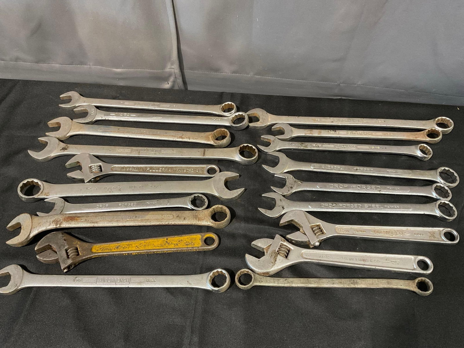 Variety of 19 Crescent & Combo Wrenches, Napa, Williams, Diamalloy, New Britain, Fuller & more: Appears to be in fair to good shape. The piece measures approx 5h x 20w x 15d inches. See pics. E-6300