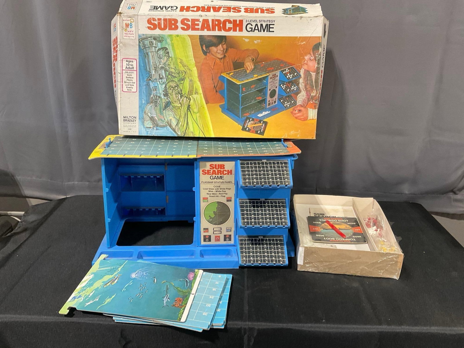 Vintage 1973 Milton-Bradley Sub Search 3-Level Strategy Game, in original box: Appears to be in fair to good shape, the box has wear, and there is some wear throughout. The piece measures approx 7h x 22w x 13d inches. See pics. E-6300