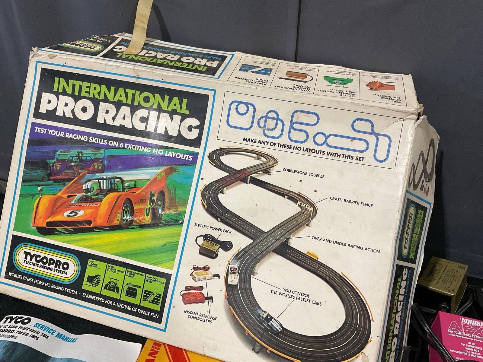 TycoPro International Pro Racing Track Slot Cars, w/original box, transformer, track, manual & more - 8