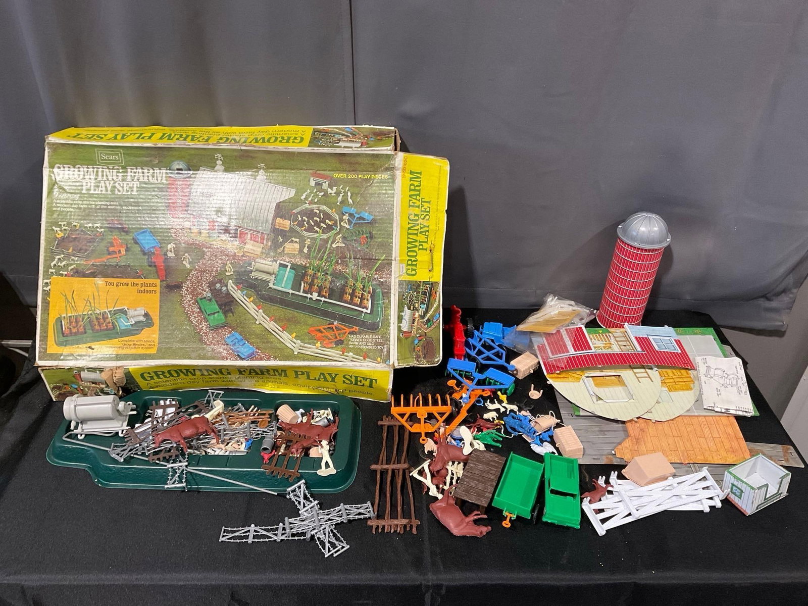 Sears Growing Farm Play Set w/original box, animals, fences, tin barn pieces & more, some wear: Appears to be in fair to good shape, the box has some wear, unclear if all pieces are included. The piece measures approx 6h x 23w x 15d inches. See pics. E-6300