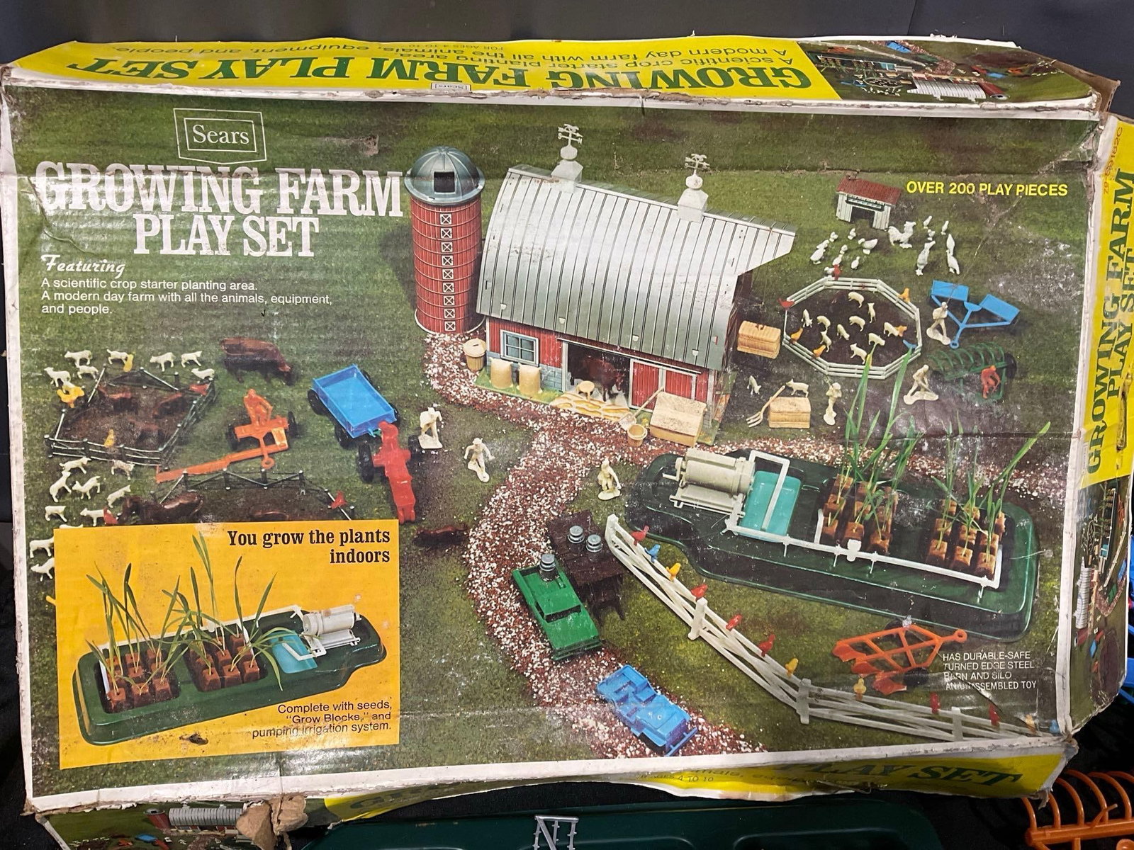 Sears Growing Farm Play Set w/original box, animals, fences, tin barn pieces & more, some wear - 2