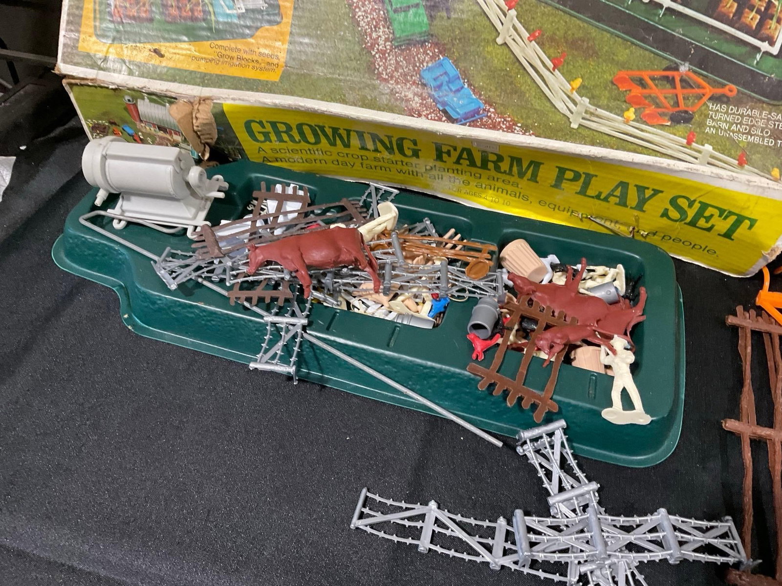 Sears Growing Farm Play Set w/original box, animals, fences, tin barn pieces & more, some wear - 3