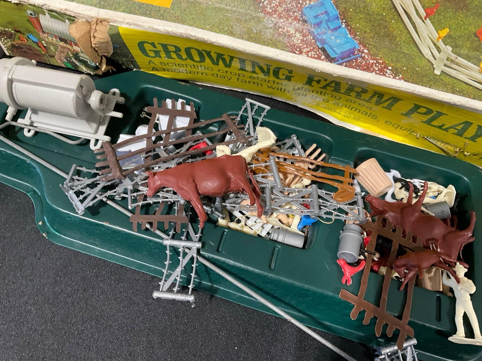 Sears Growing Farm Play Set w/original box, animals, fences, tin barn pieces & more, some wear - 5